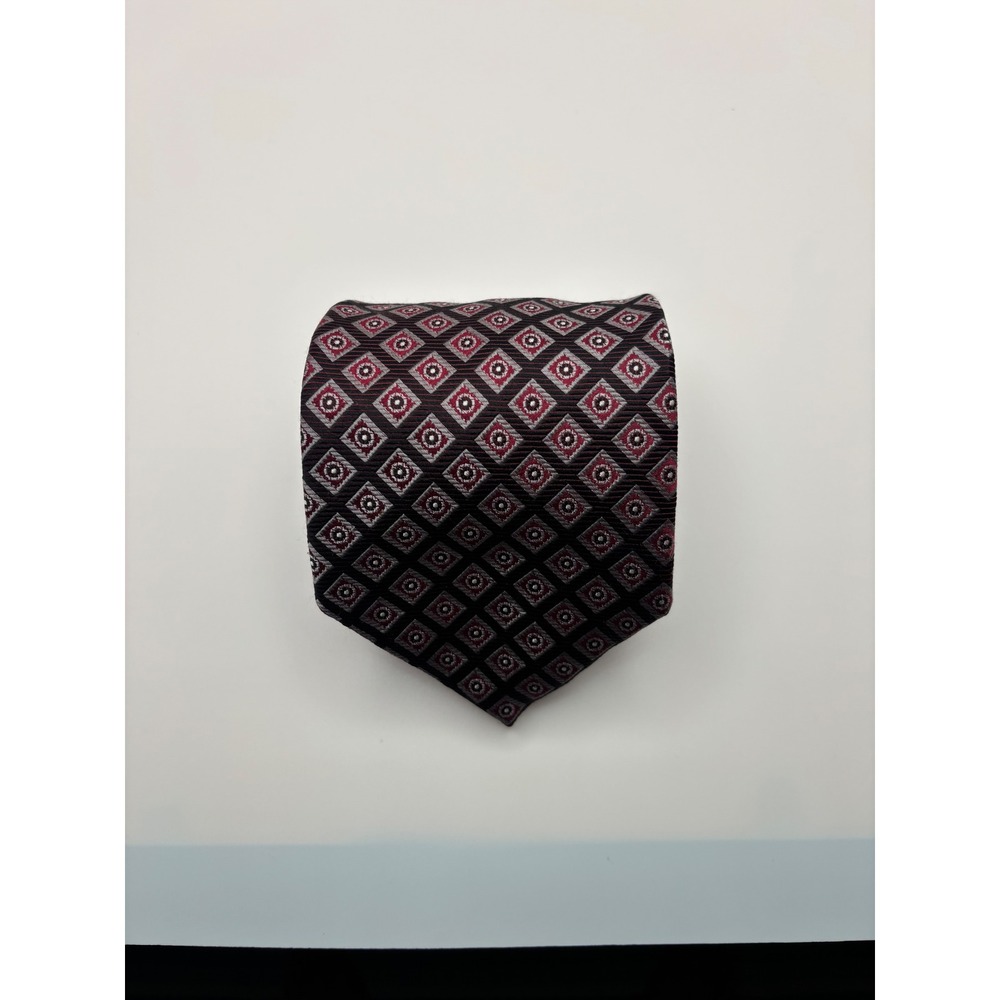 Paul Dione Mens Silk Tie Burgundy Black Silver Geometric Diamond Pattern